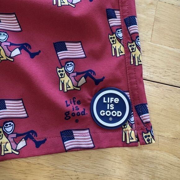 Life Is Good Swim Shorts Mens Med Red Lined 7" Trunks UPF 50 USA Patriotic Dog - Picture 7 of 12